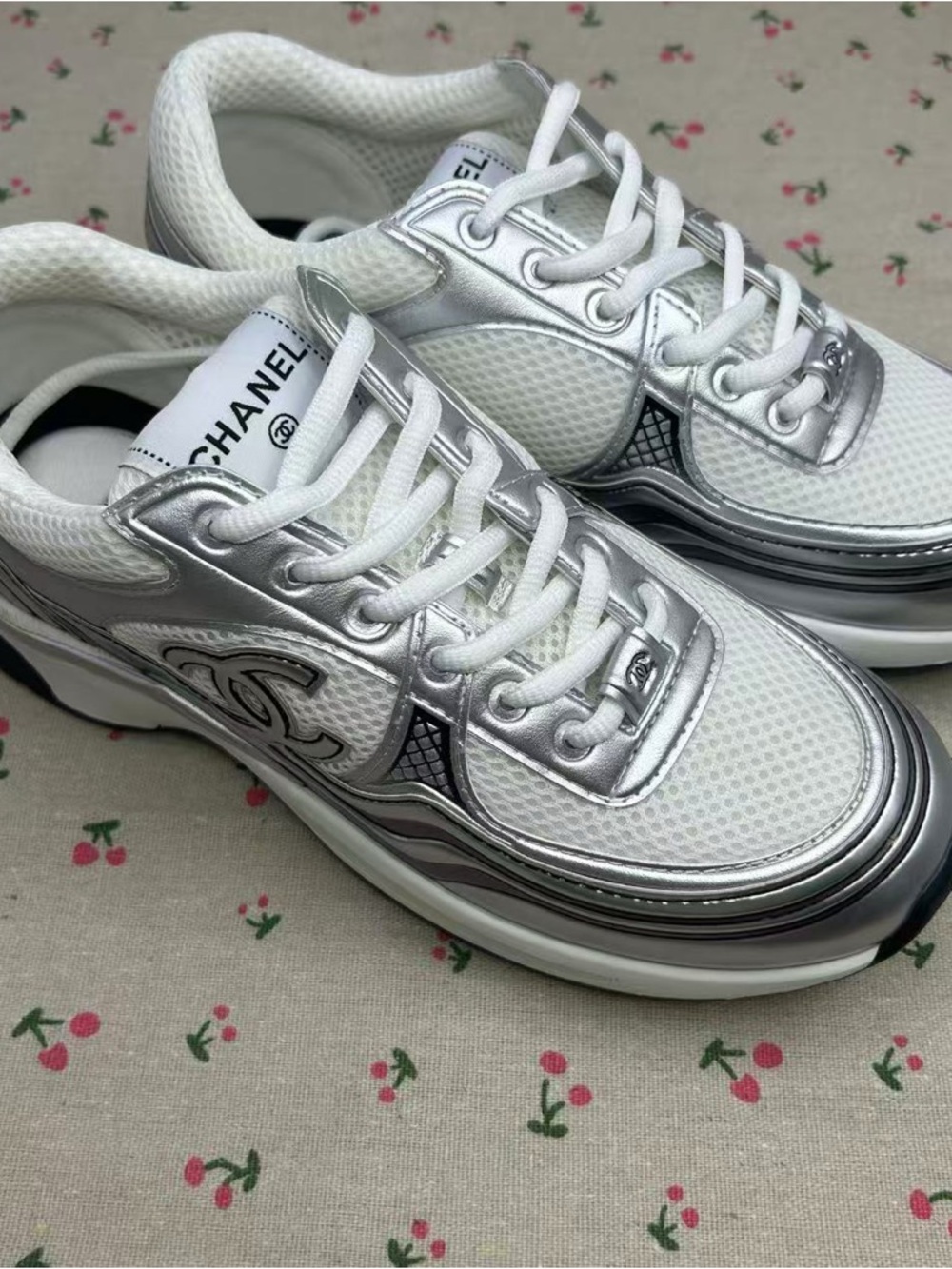 CHANEL White and Silver Mesh Trainer Sneakers